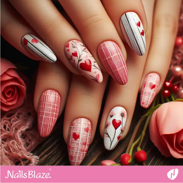Red and White Almond Valentine Nails | Valentine Nails - NB2326